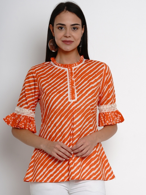 Bhama Couture Women Orange & White Striped A-Line Top