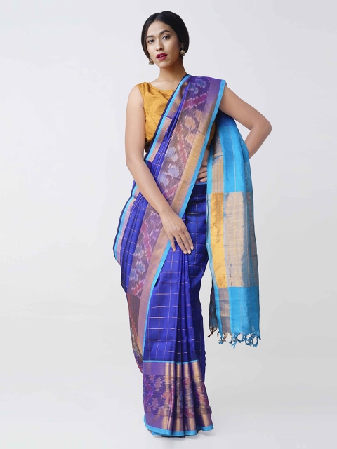 Unnati Silks Blue & Gold-Toned Silk Cotton Woven Design Kanjeevaram Saree