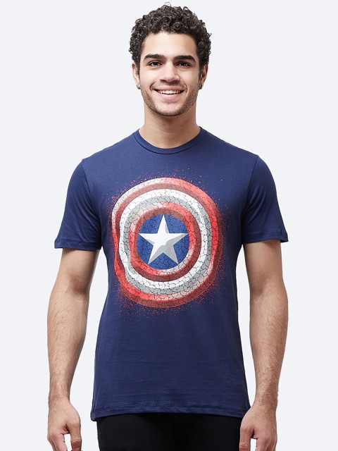 Free Authority Men Blue Captain America Printed Round Neck T-shirt