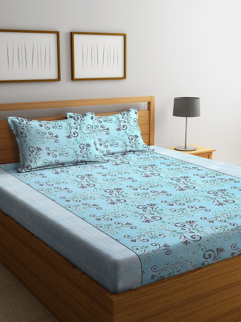 NEUDIS Teal Floral 180 TC Cotton 1 Queen Bedsheet with 2 Pillow Covers