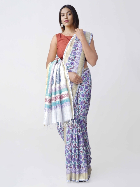 Unnati Silks Blue & White Pure Linen Printed Saree