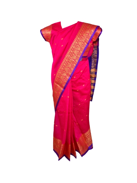Wish Karo Infant Girls Pink & Blue Art Silk Solid Kanjeevaram Stitched Saree