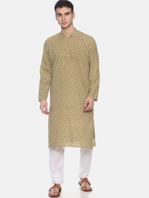 PAROKSH Men Beige & Olive Green Printed Straight Kurta