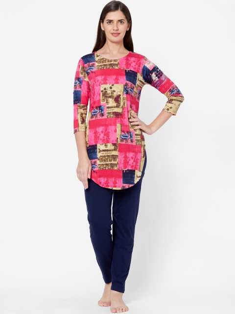 Juliet Women Pink & Navy Blue Printed Night suit