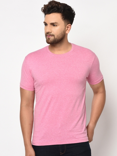 ELEGANCE Men Pink Solid Round Neck T-shirt