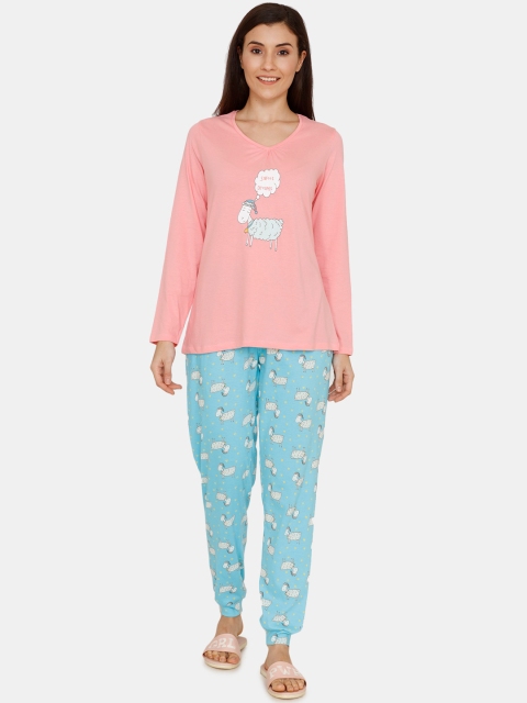 Zivame Women Pink & Blue Printed Night suit