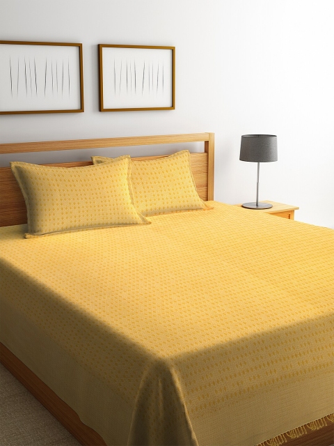 NEUDIS Yellow & White Woven Design Hand-Woven Double Bed Cover With 2 Pillow Covers