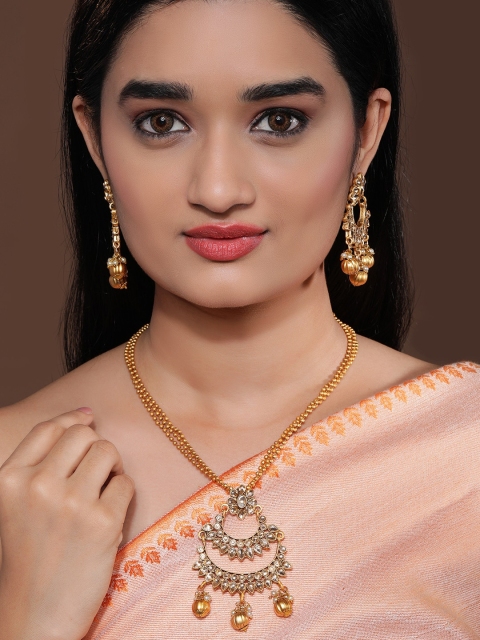 Rubans 22K Gold-Plated White Kundan-Studded Beaded Handcrafted Jewellery Set