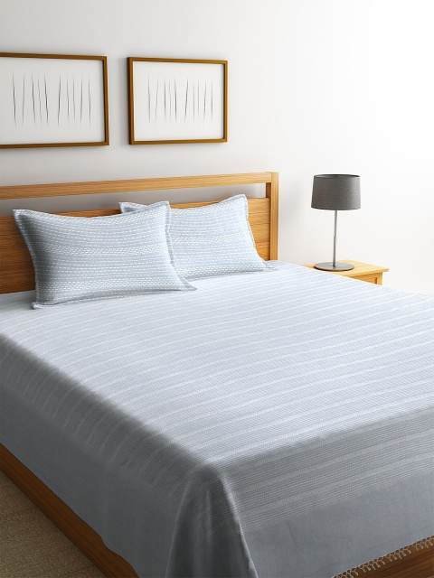 NEUDIS By Dhrohar Grey & White Striped Hand Woven Double Bed Cover With 2 Pillow Covers