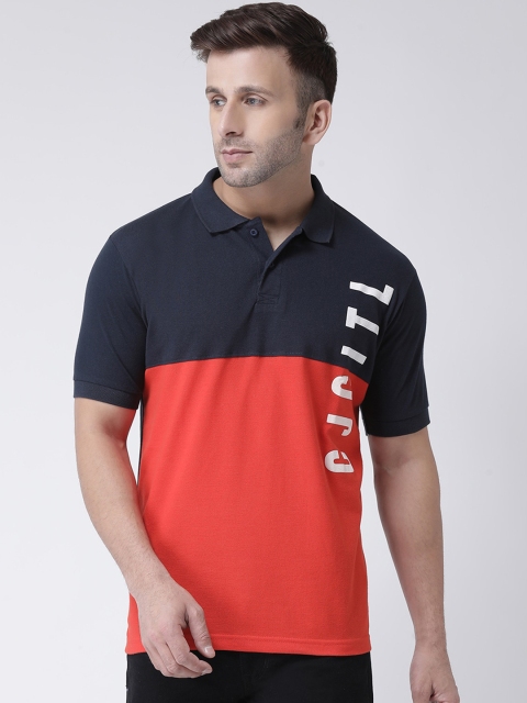 COBB Men Orange & Navy Blue Printed Polo Collar T-shirt