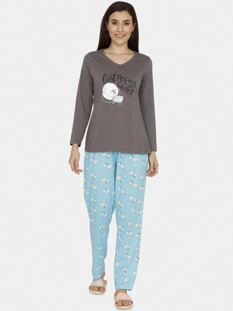 Zivame Women Taupe & Blue Printed Night suit