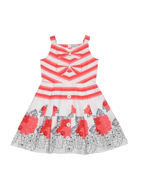 Doodle Girls Coral Orange & White Striped Fit and Flare Dress With Bow Detail