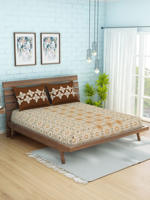 CORE Designed by SPACES Beige Geometric 144 TC Cotton 1 King Bedsheet with 2 Pillow Covers