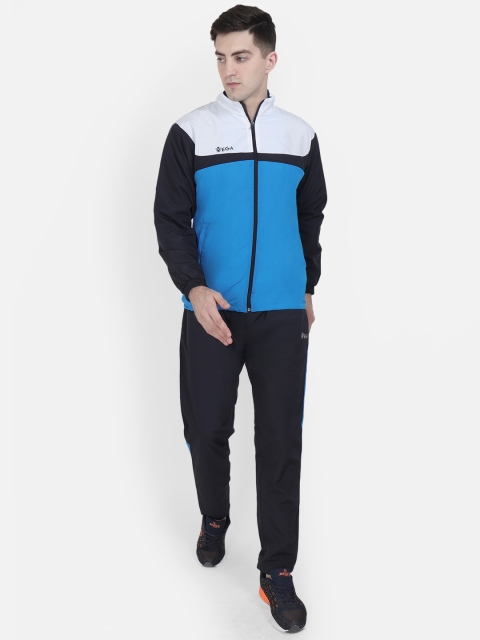 VEGA Men Black & Blue Colourblocked Sports Tracksuit