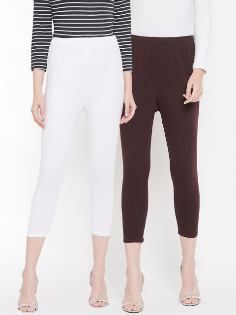 Tulsattva Women Pack Of 2 White & Brown Solid Three-Fourth Length Leggings