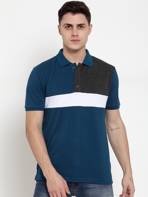 Kalt Men Teal Blue Colourblocked Polo Collar T-shirt