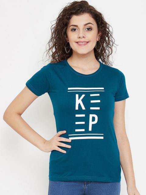 Purple Feather Women Blue Printed Round Neck T-shirt