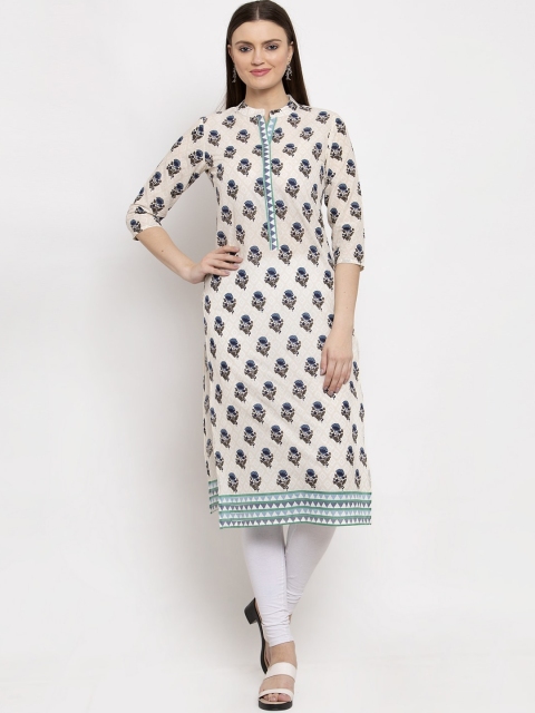 Aujjessa Women Cream-Coloured & Navy Blue Printed Straight Kurta