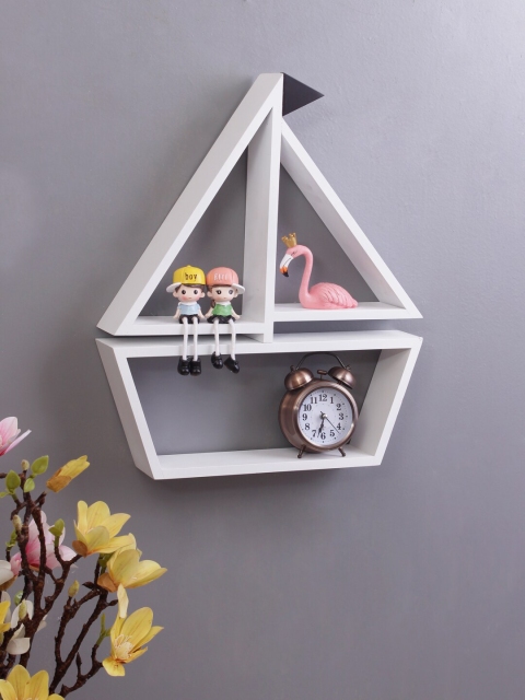 WISHTANK White Ship Shaped MDF Basic Wall Shelf