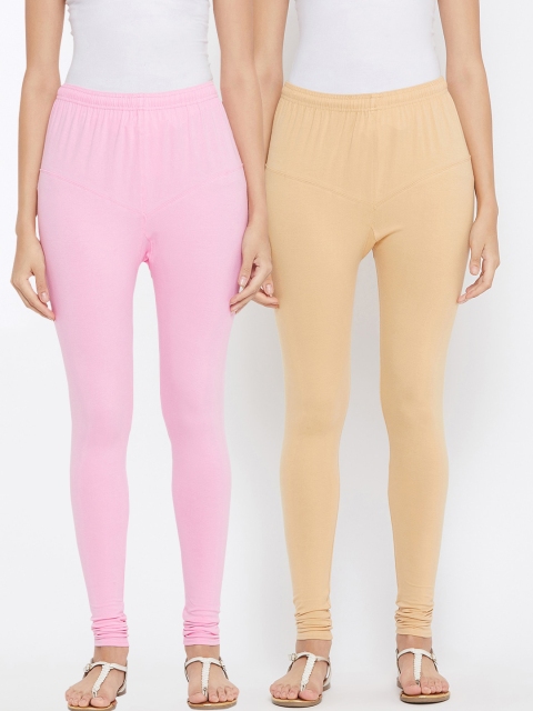 Tulsattva Women Pack Of 2 Pink & Beige Solid Churidar-Length Leggings