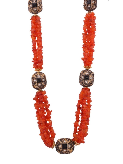 Shoshaa Gold-toned & Orange Ethnic Artificial Stones and Beads Statement Necklace