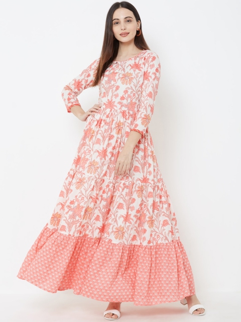 FASHOR Women Off-White & Pink Floral Printed Ethnic Maxi Dress