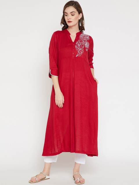 RARE Women Red Embroidered A-Line Kurta