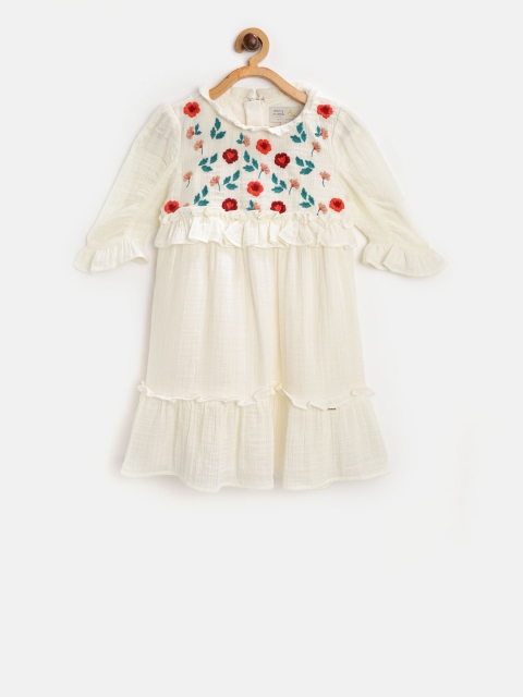 Cherry Crumble Girls Off-White Embroidered A-Line Dress