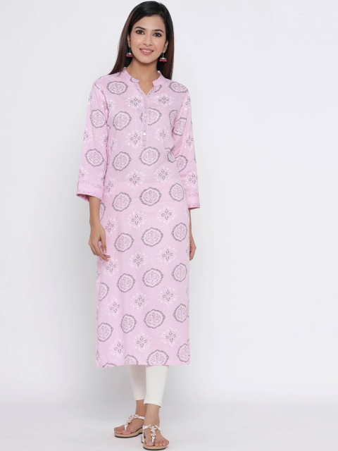 Silai Bunai Women Pink & White Printed Straight Kurta