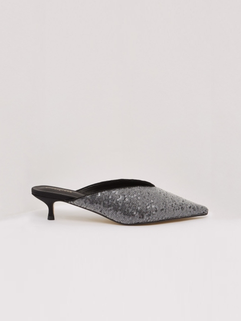 shoexpress Women Black & Silver-Toned Woven Design Mules