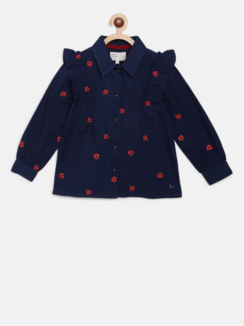 Cherry Crumble Girls Navy Blue Embroidered Shirt Style Top