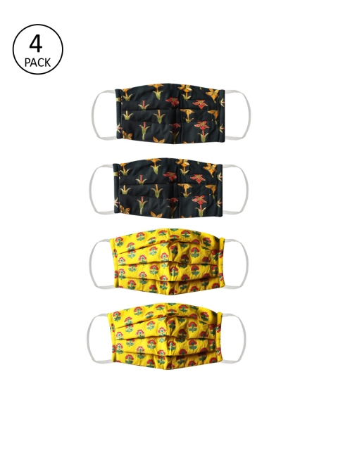 Bellofox Unisex Pack of 4 Pcs Black & Yellow Reusable 3-Ply Outdoor Cloth Masks