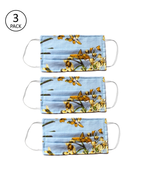 Bellofox Unisex 3 Pcs Printed 3-Ply Reusable Cloth Masks, Blue