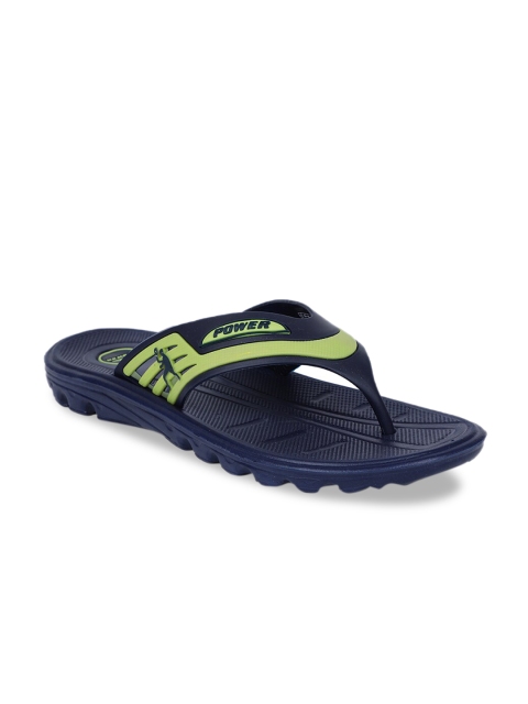 Power Men Navy Blue & Green Solid Thong Flip-Flops