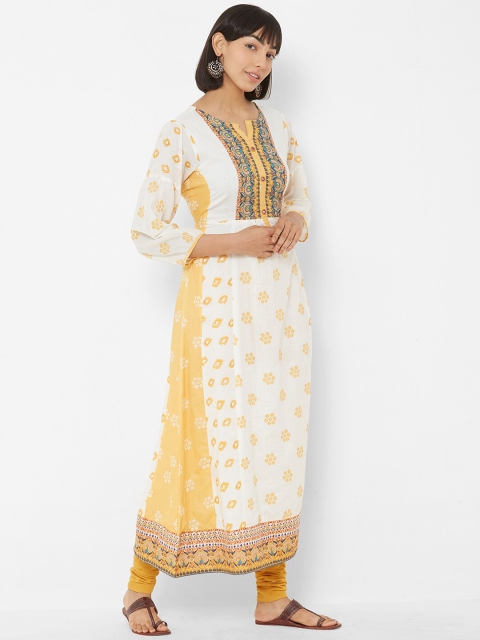 Vedic Women Mustard Yellow & Off-White Printed Straight Kurta