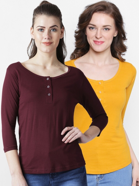 The Dry State Women Pack Of 2 Solid Slim Fit Henley Neck T-shirts, Burgundy