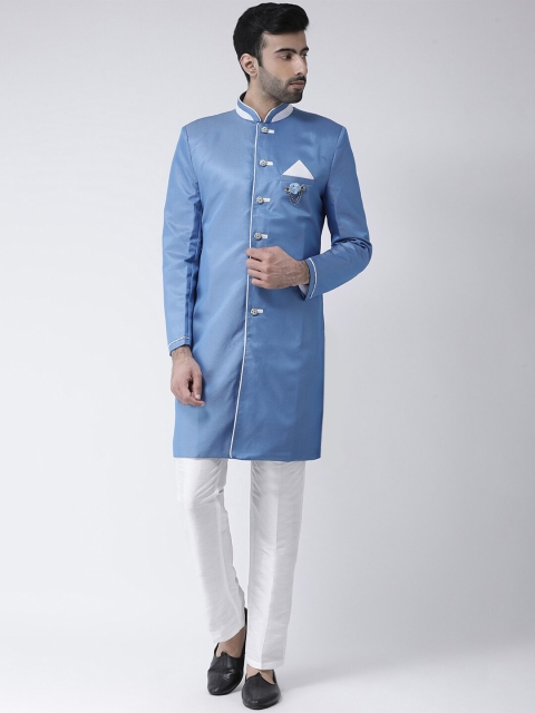 SG RAJASAHAB Men Blue & White Raw Silk Sherwani Set