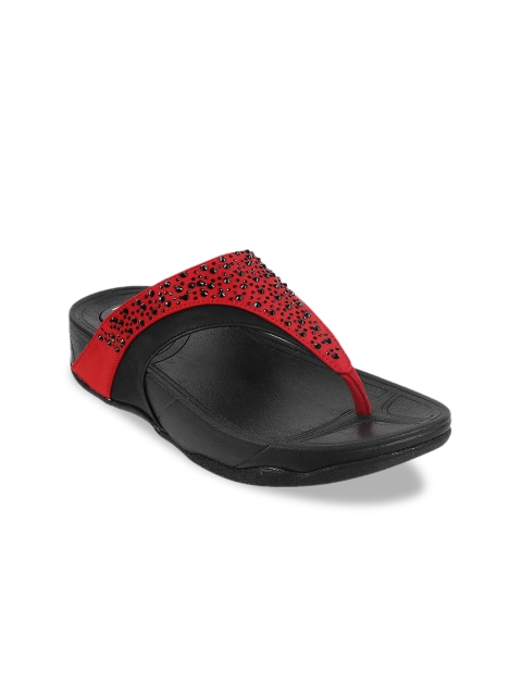 Metro Women Red & Black Embellished Wedges