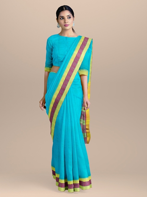BharatSthali Blue & Yellow Silk Cotton Solid Sustainable Saree