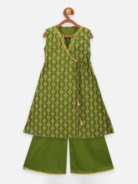 LilPicks Girls Olive Green Printed Kurta with Palazzos
