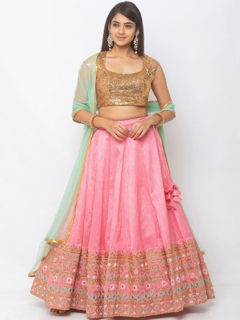 6Y COLLECTIVE Pink & Gold-Toned Embroidered Ready to Wear Lehenga & Unstitched Blouse with Dupatta
