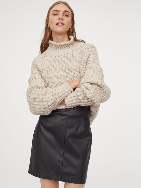 H&M Women Black Solid Imitation Leather Skirt