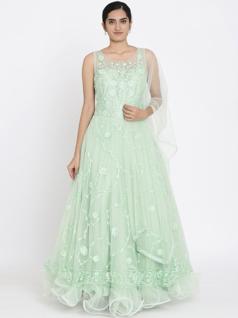 Koskii Women Green Embroidered Maxi Dress With Dupatta