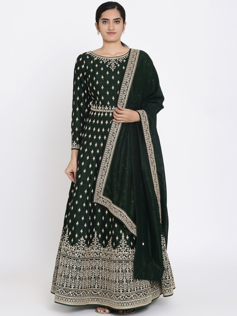 Koskii Women Green Zari Embroidered Raw Silk Maxi Dress With Dupatta