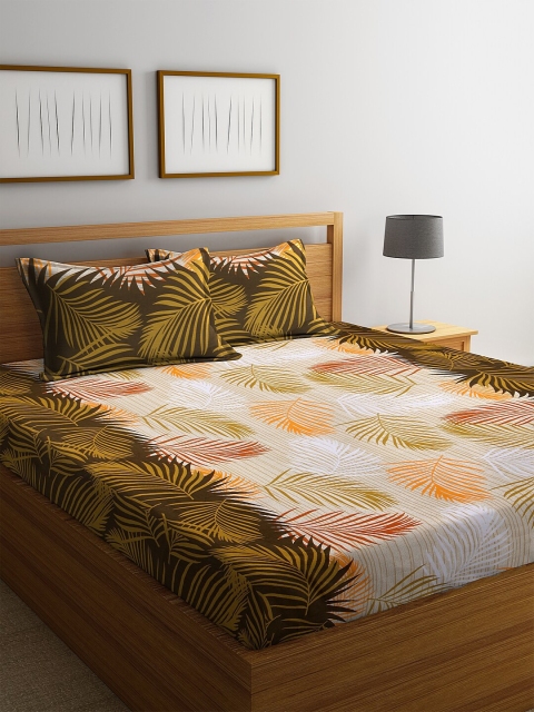 NEUDIS Olive Green & Orange Floral 180 TC Cotton 1 King Bedsheet with 2 Pillow Covers
