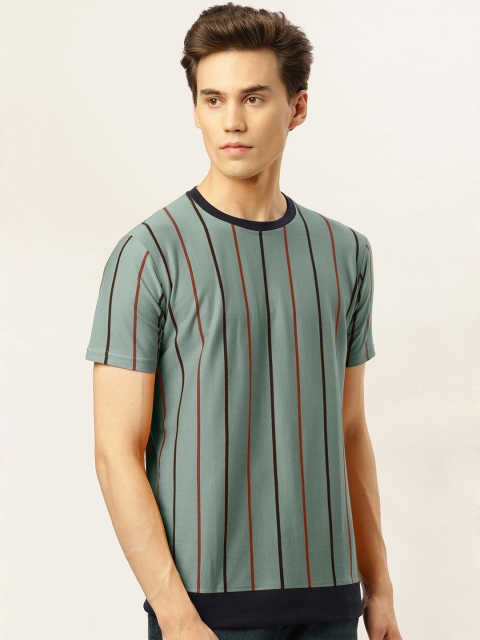 GHPC Men Mint Green & Black Striped Slim Fit Round Neck T-shirt