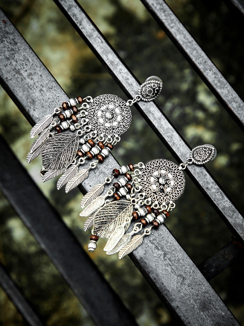 ZeroKaata Silver Hanging Leaves Tribal Drop Earrings