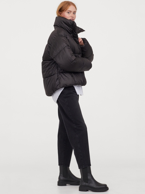 H&M Women Black Solid Stand-Up Collar Puffer Jacket