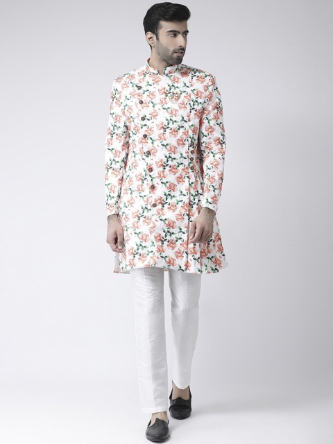 SG RAJASAHAB Men White & Red Raw Silk Floral Printed Sherwani Set