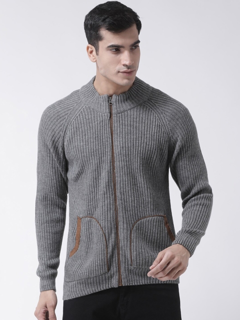 Club York Men Grey Ribbed Cardigan Sweater